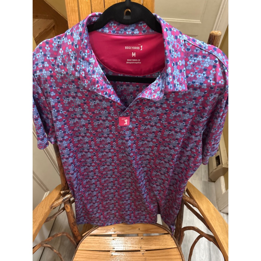 Bogey Bros Mens Pink Purple Blue Geometric Floral Performance Golf Polo Shirt M